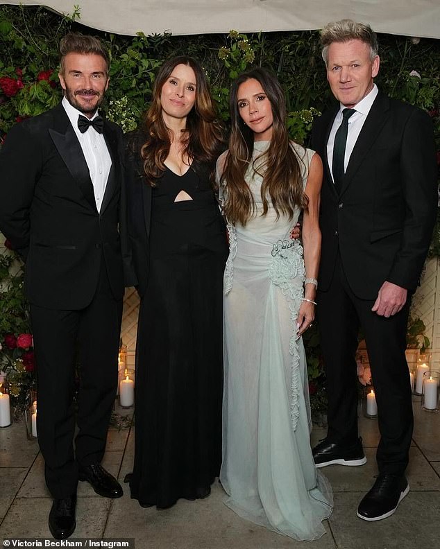 David and birthday girl Victoria pose for a photo with chef Gordon Ramsay and his wife Tana