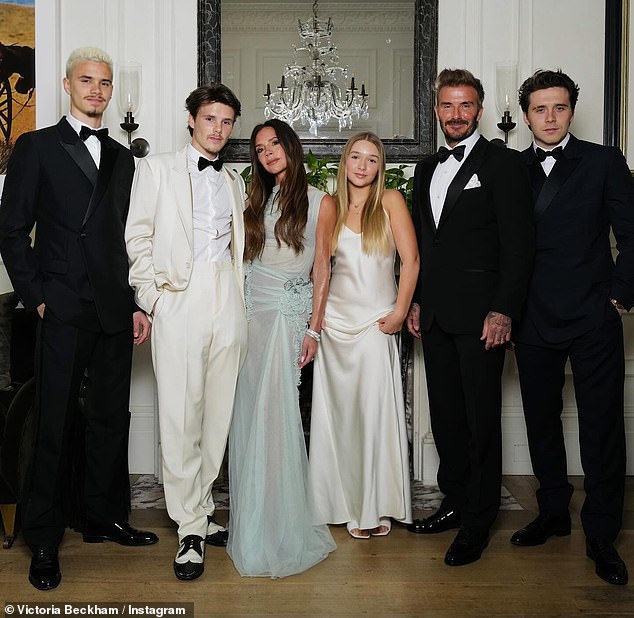 LR: Romeo, Cruz, Victoria, Harper, David and Brooklyn posed together while heading to the party.