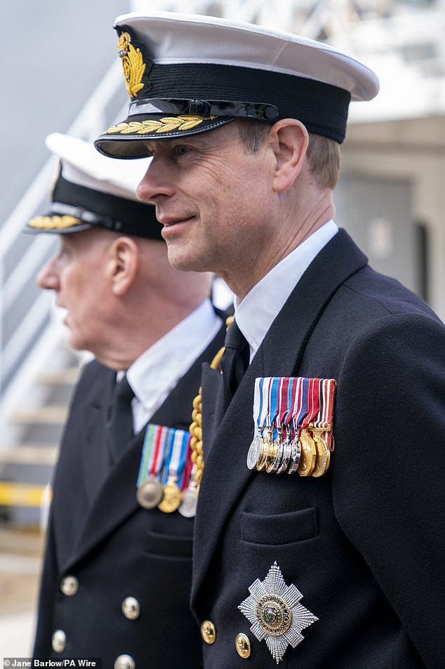 Prince Edward, Duke of Edinburgh, wears the Order of the Thistle for the first time at the dedication of a Royal Fleet Auxiliary ship, RFA Stirling Castle, Leith.