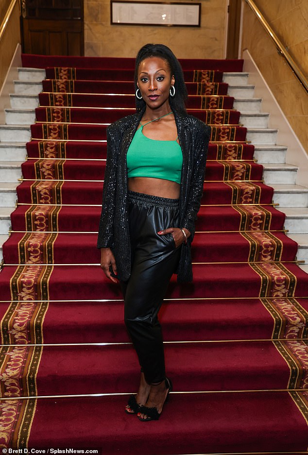 Death In Paradise sensation Victoria flaunted her very toned midriff in a bright green tank top and black leather pants.