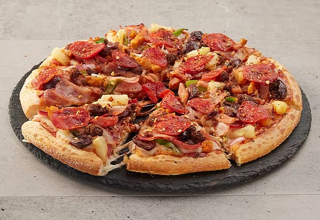 I had ordered The Lot, which comes with ground beef, bacon, bell pepper, pepperoni, Italian sausage, chicken, smoked ham, pineapple, onion, and olives.