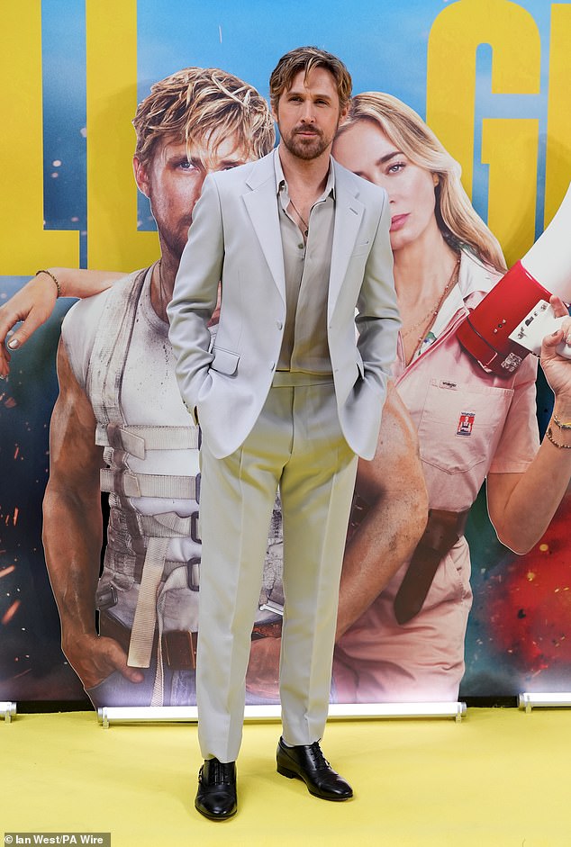 Leading man Ryan, 43, cut a dapper figure in a light gray jacket and smart trousers at the event held at the BFI IMAX near Waterloo.