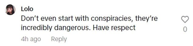 But others dismissed the idea.  One responded: 'Don't even start with conspiracies, they are incredibly dangerous.'  Have respect'