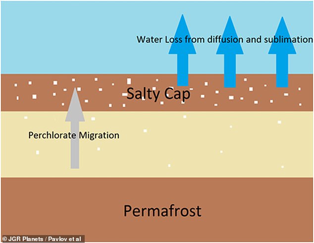 Perchlorate salts trapped in Mars permafrost evaporate and become trapped in the soil. There it forms a crust that traps methane below the surface during the day.