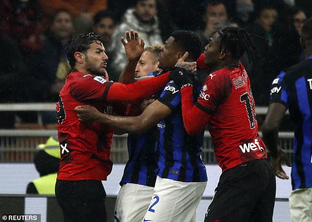 Tempers flared with three players, including Theo Hernandez and Denzel Dumfries, sent off.