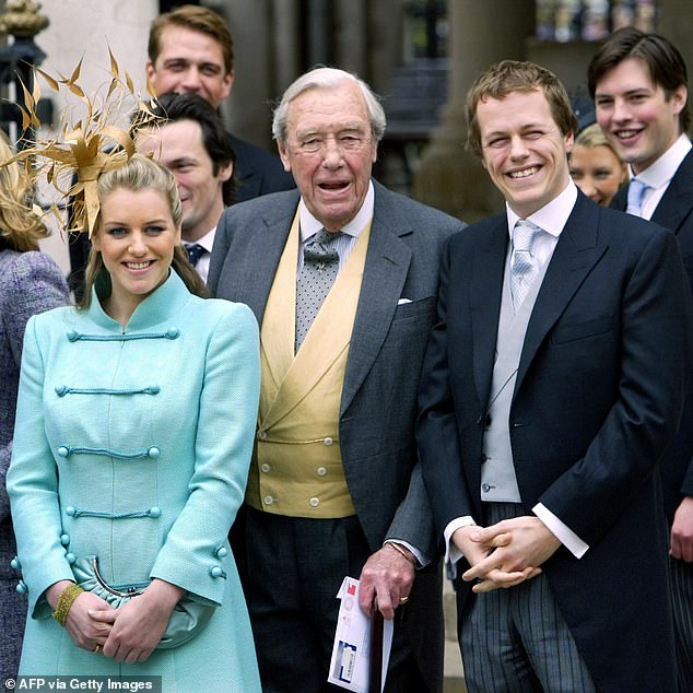 The Queen was able to reconnect with a part of her father's story when she sweetly met the soldiers' young children during her visit.  Pictured: Camilla's children Tom Parker Bowles (right) and Laura Parker Bowles (left) and her father in 2005.