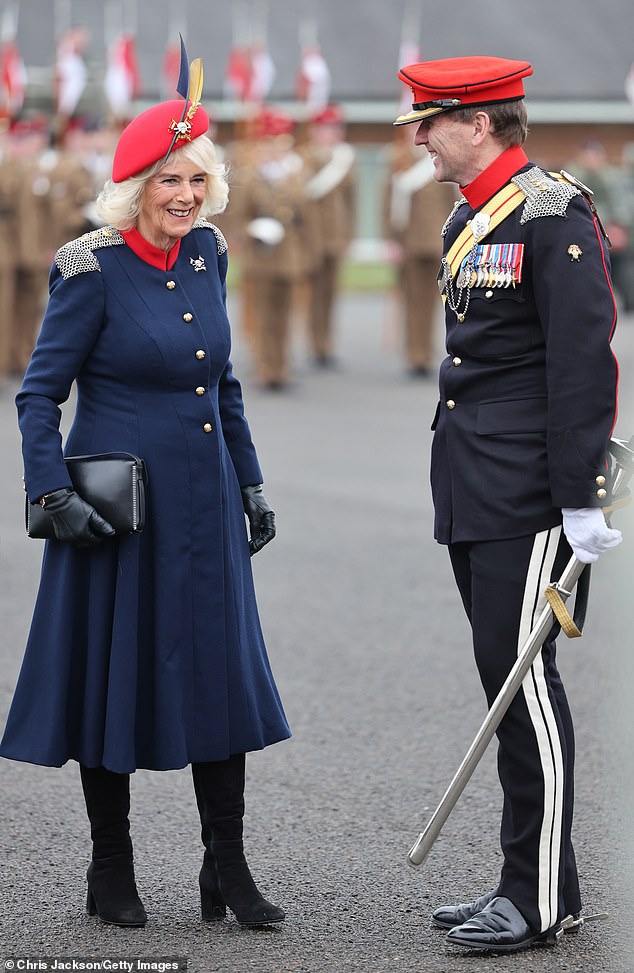 Today the Queen, pictured, met those serving in the Royal Lancers and veterans at their barracks.