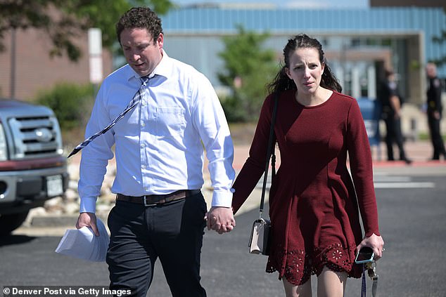 Ben Bloch, left, brother of Tracy Lechner, and his wife Rachel Bloch are seen leaving Arapahoe County District Court after the hearing in Centennial, Colorado, last June.