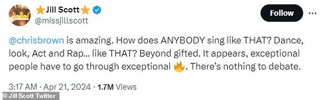 '@chrisbrown is amazing.  How can ANYONE sing like that?  Dancing, watching, acting and rapping... like this?  More than gifted.  It seems that exceptional people have to go through exceptional situations. [fire emoji[. There's nothing to debate,' Scott posted on Sunday morning for her more than 1 million followers