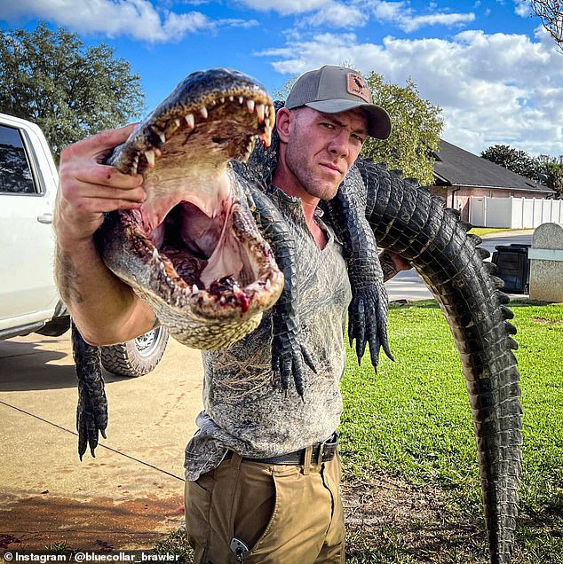 Draggich (pictured with a previous capture) is a licensed alligator hunter.  When he received the annoying call from the alligator, Draggich was playing hockey with his family, so he didn't have any of the equipment to capture him.