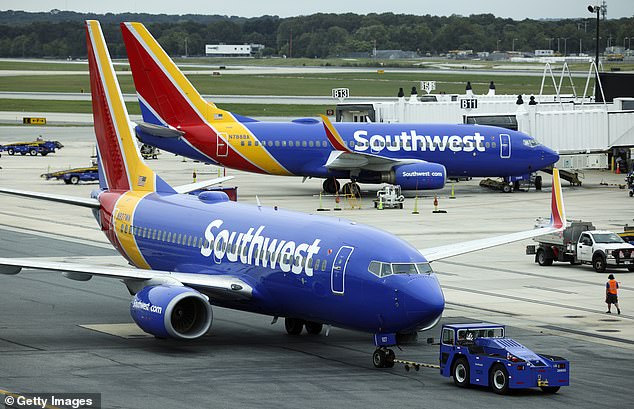 A Southwest Airlines plane taxis from a gate at Baltimore Washington International Thurgood Marshall Airport on October 11, 2021
