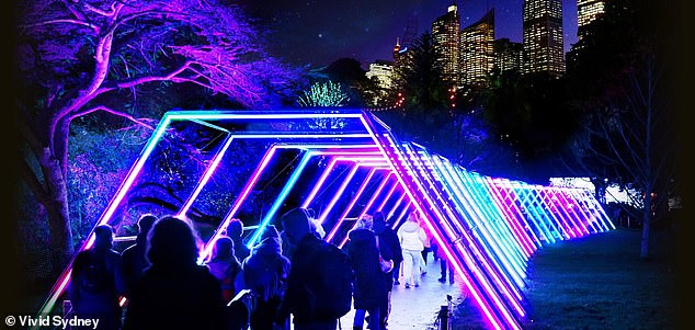 Light displays (pictured) will be installed at various locations around the city and visitors will be able to access better vantage points in areas such as Barangaroo.