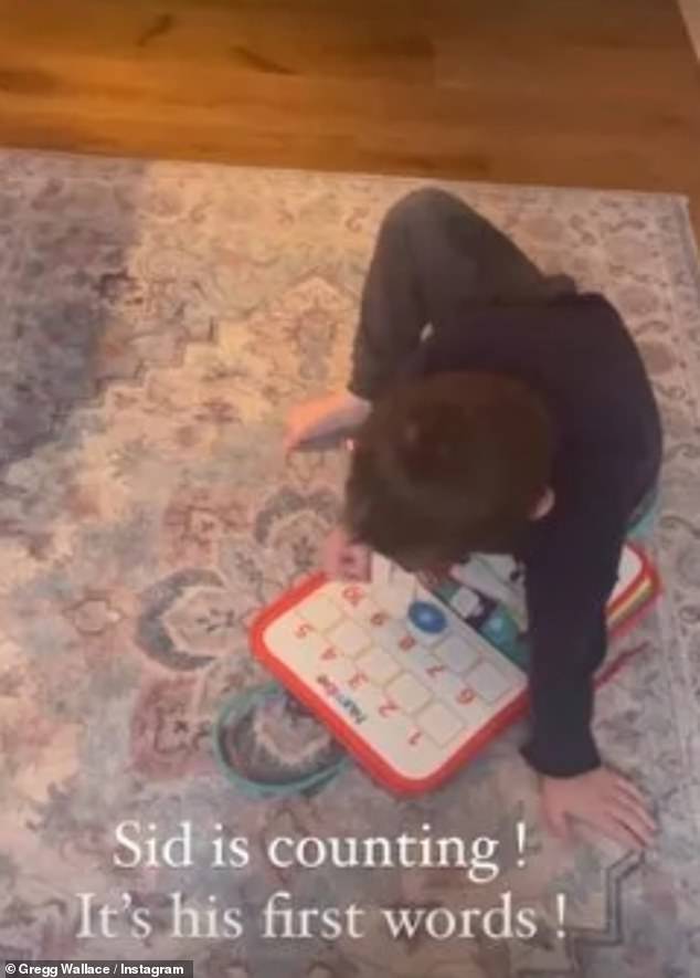 On Mother's Day in March, Gregg revealed that Sid had spoken his first words when she shared a video of her son reciting numbers from a Montessori sensory board and wrote: 'Sid is counting! Those are his first words!