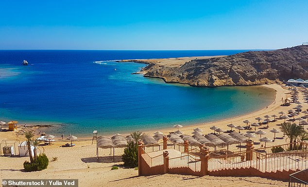 The family is staying on the Red Sea Riviera, with turquoise waters, as this image shows.