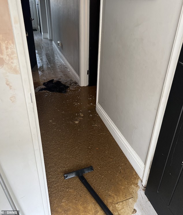 The woman said she was told the main cause of the blockages seemed to be people flushing wet wipes that couldn't be flushed down the toilet (pictured: the hallway of the house after the overflowing toilet).