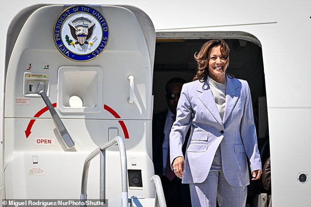US Vice President Kamala Harris arrives at the Muñiz Air National Guard Base in San Juan, Puerto Rico.