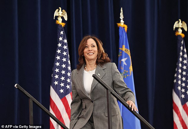 United States Vice President Kamala Harris takes the stage at a campaign event