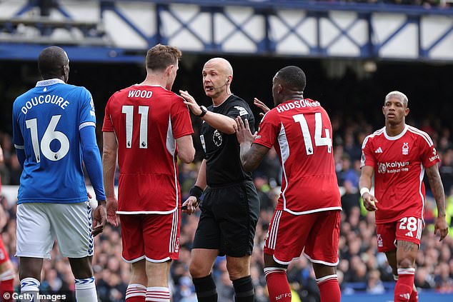 Nottingham Forest have asked PGMOL to release the audio transcript of conversations between VAR Attwell and on-field referee Anthony Taylor (above) after their 2-0 defeat to Everton.