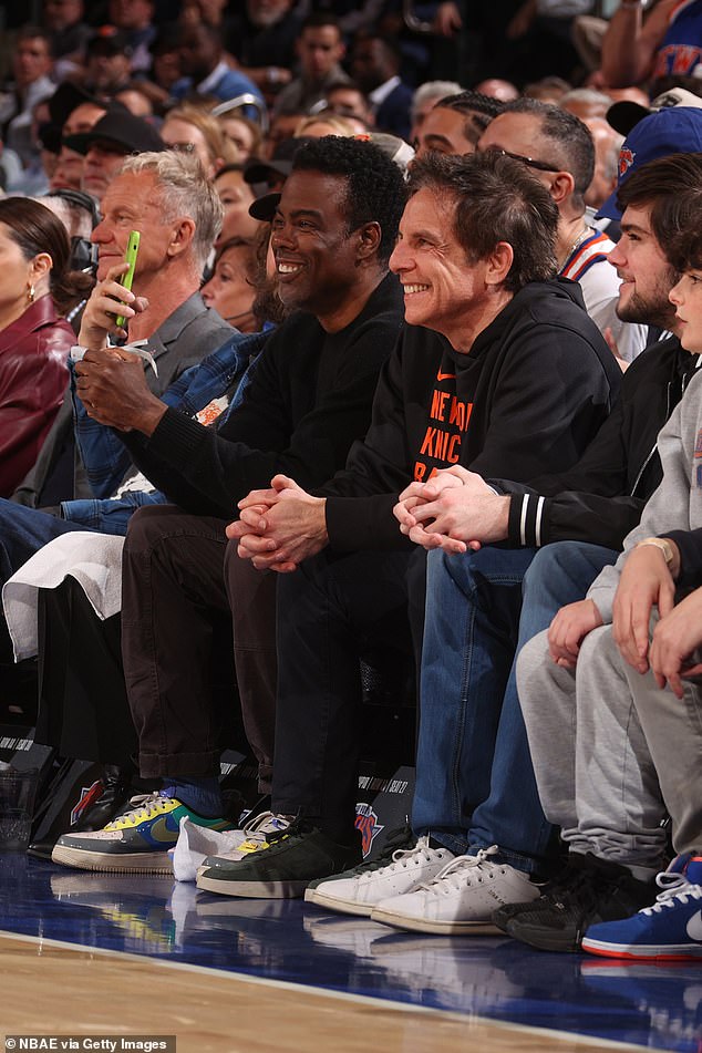 Actor Ben Stiller and comedian Chris Rock appeared in good spirits as they chatted during the game.