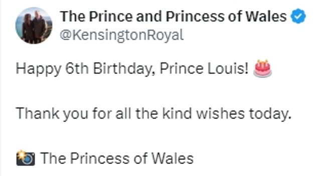 The snap was posted to the Prince and Princess of Wales' social media accounts thanking royal fans for all the kind wishes they sent the young prince.