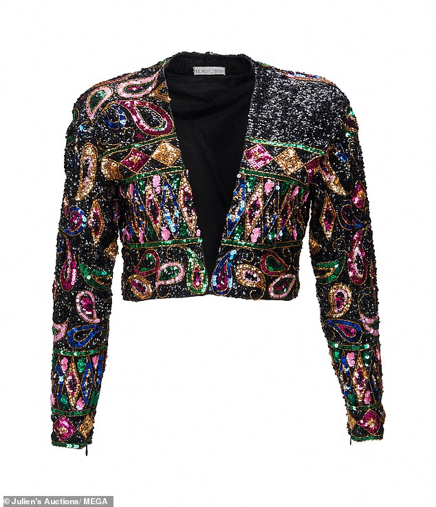 Other items for sale include a cropped jacket with multicolored sequin embellishments worn by rocker Joan Jett during her 1989 tour.