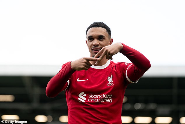 Trent Alexander-Arnold scored the first goal against Fulham on Sunday, making his first Premier League start in two months after recovering from a knee injury.