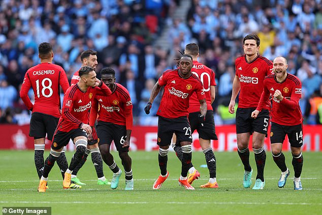 The Brazilian (second from the left) controversially stroked his ear towards the Coventry players as Manchester United beat the Championship team on penalties.