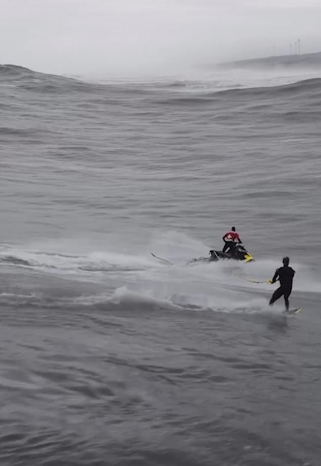 The video, shared on his Instagram, shows Steudtner being towed into the huge waves by a jet ski.