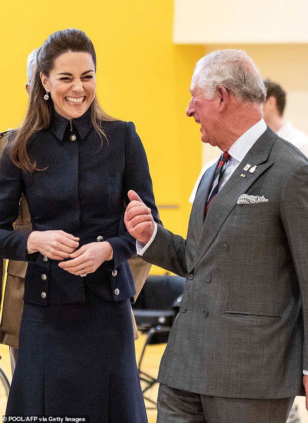 Kate, 42, has been made a Royal Companion of the organisation, founded by King George V in 1917 to recognize outstanding achievements in the arts, sciences, medicine and public service. Above: Kate and Charles visiting the Defense Medical Rehabilitation Center (DMRC) in Loughborough in February 2020