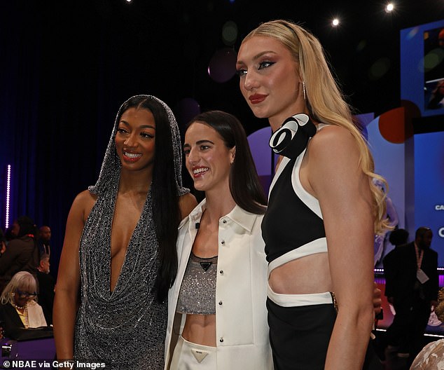 Reese pictured with Caitlin Clark (center) and Cameron Brink at last week's WNBA Draft.