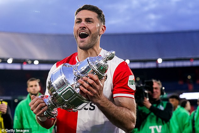 Striker Santiago Giménez, photographed after Feyenoord's Dutch Cup triumph, has been among the signings who have signed for the club under Slot's management.