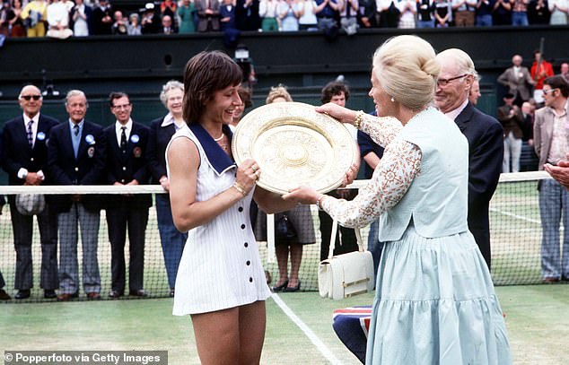 July 7, 1978, Wimbledon women's tennis final, Navratilova receives the trophy from the Duchess of Kent after her victory.
