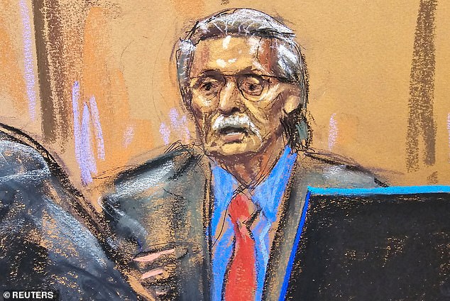David Pecker is questioned by prosecutor Joshua Steinglass during the criminal trial of former US President Donald Trump accused of falsifying business records to hide money paid to hush porn star Stormy Daniels in 2016, at Manhattan State Court in New York City. York, USA, April 23, 2024. in this courtroom sketch
