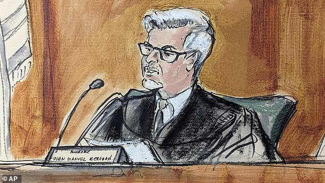 Judge Juan Merchán presides over the trial of Donald Trump in Manhattan Criminal Court, on Tuesday, April 23, 2024, in New York.