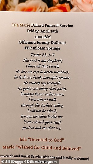 The inside of the program included the first four verses of Psalm 23. At the bottom of the page, they added the meaning of her name: Island. "Dedicated to God" and marie "Desired and beloved child"