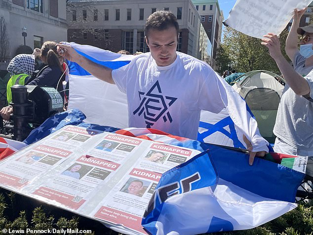 Columbia students also held posters of 'kidnapped' victims of the October 7 attacks by Hamas.