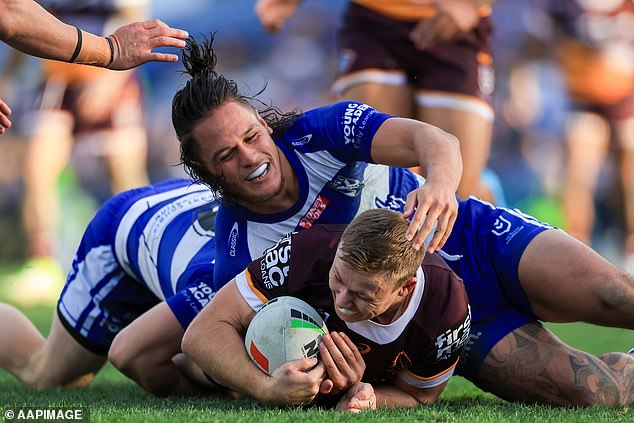 Topine (pictured center in a match against the Brisbane Broncos) was a highly-rated young talent but has not played rugby league since the alleged incident.