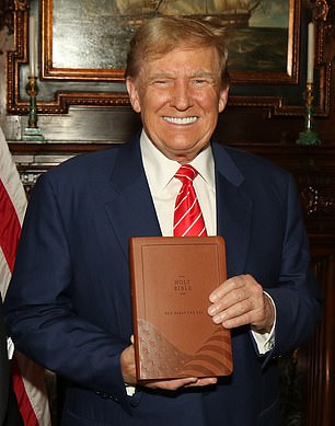 Former President Donald Trump, who was in court Tuesday, holds up a Bible he is selling for $60.