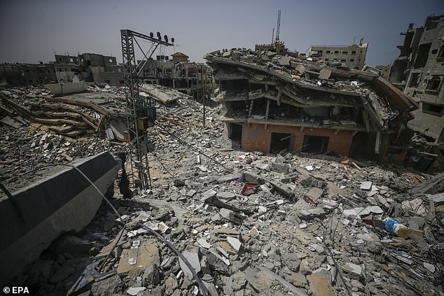 Debris from destroyed buildings in the southern Gaza Strip on April 23, 2024