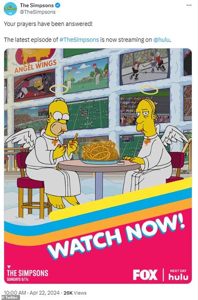 Even The Simpsons account joined in on the fun by posting a picture of Homer and Larry eating 'Angel Wings' at a sports bar in the sky.