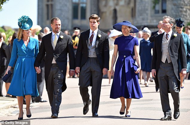 Autumn Phillips, Peter Phillips, Arthur Chatto, Lady Sarah Chatto and Daniel Chatto attend the wedding of Prince Harry to Meghan Markle at St George's Chapel, Windsor in 2018