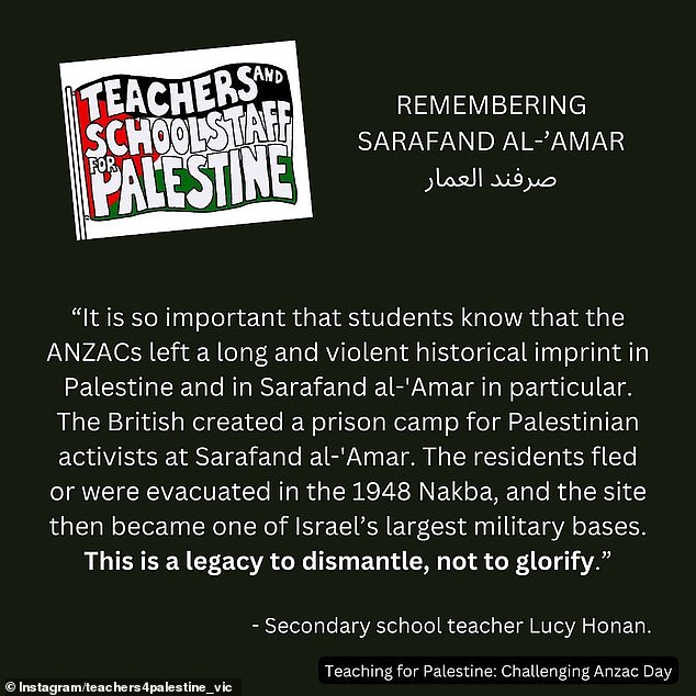 Teachers 4 Palestine Victoria has said she wants to change the way Anzac history is taught