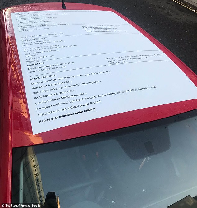 Max divided opinion after catching the attention of BBC bosses by printing his CV on the top of his car in a bid to land his dream job as a Radio One presenter.