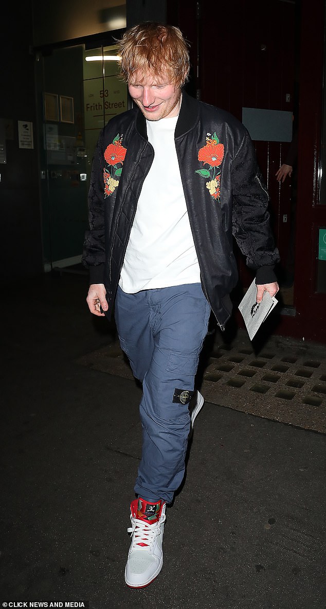 Ed looked dapper in a black bomber jacket, embroidered with red flowers, and a pair of baggy pants.
