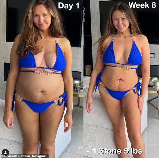 British TV personality Charlotte Dawson, 31, showed off her incredible 19-pound weight loss as she prepares to get her bikini body ready for her vacation eight months after giving birth in her latest Instagram post on Saturday.  She has not confirmed if she used any weight loss medication.