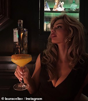 The model showed off her ample cleavage in a low-cut dress as she posed in one of the hotel's dimly lit cocktail bars while raising her £14 drink.