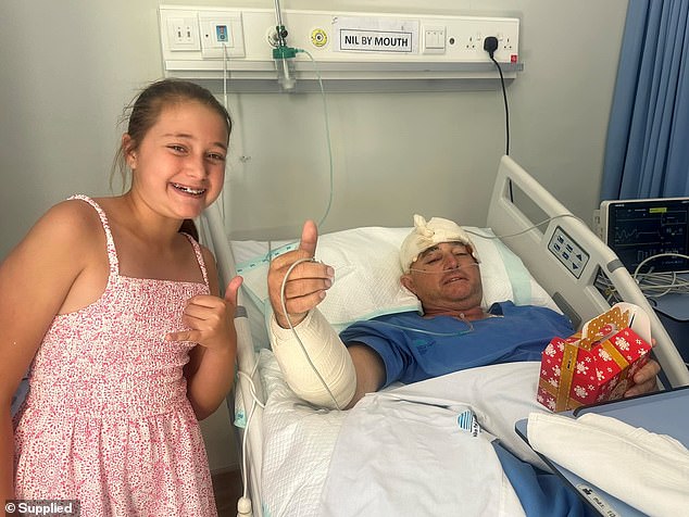 A later image showed Guy in hospital giving a thumbs up with his head and hands still bandaged and Hannah wrote that he had 