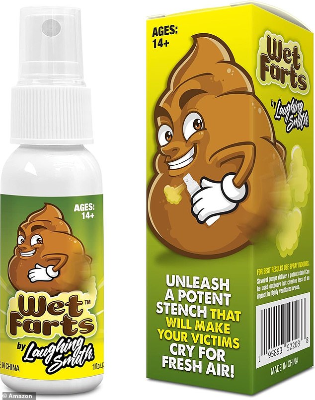 The lawsuit claims the anonymous student sprayed 'prank gifts' called 'Liquid Ass' and 'Wet Farts' (pictured) into the air and 'not directly at any individual.'