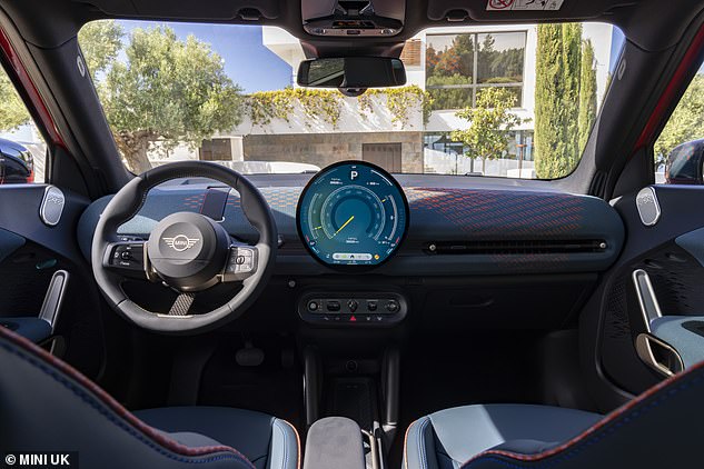 The interior is a continuation of the new Cooper and Countryman: it has recycled materials and features the unique 9.4-inch circular infotainment screen as the focal point.