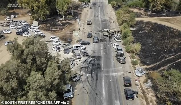 Terrifying images show cars abandoned after the October 7 attacks in southern Israel, near Kibbutz Re'im.